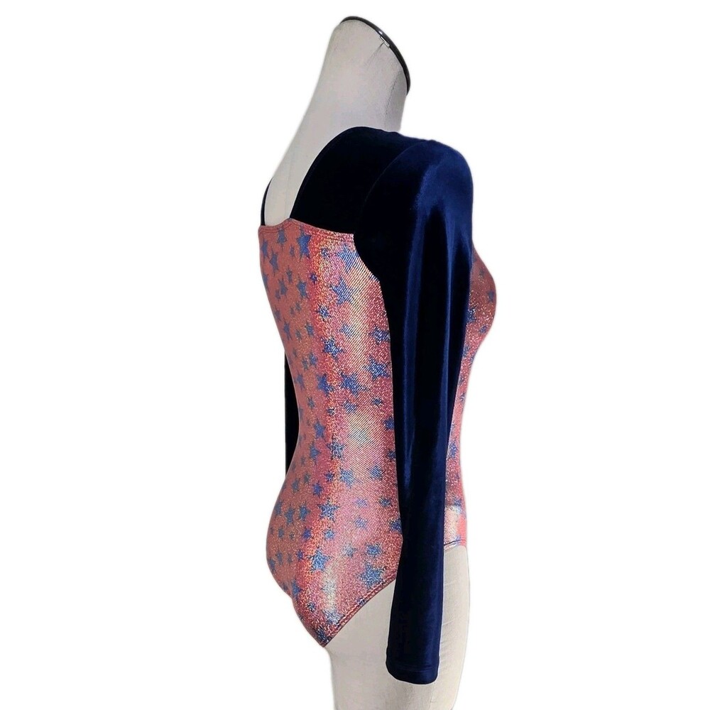 GK Elite VTG Shimmering Patriotic Holographic LS Velvet Leotard Red Blue Size AM - Picture 8 of 16